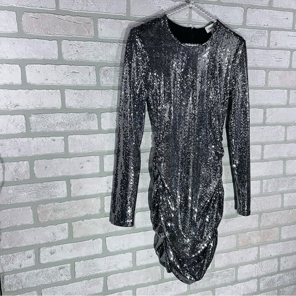 L’agence Sunny Metallic Silver Sequin Long Sleeve Mini Dress Size 2 - Picture 5 of 10